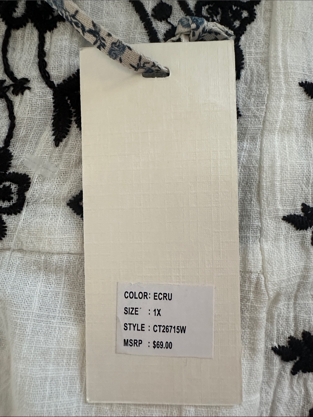 Jennifer & Grace Ecru Embroidered 100% Cotton Blouse Women's Size 1X NWT - Picture 8 of 9
